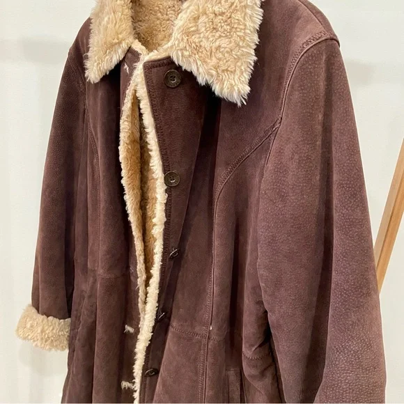 ✨SOLD✨ Vintage Suede Leather Penny Lane Longline Faux Fur Lined Collared Coat - Picture 5 of 6